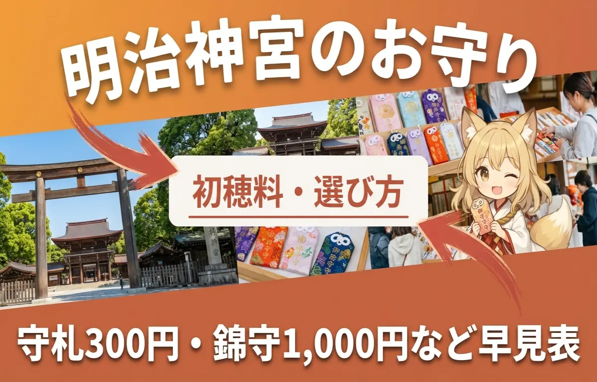 明治神宮のお守りの値段（初穂料）一覧｜早見表と選び方（記事タイトルを文字で表示したアイキャッチ画像）