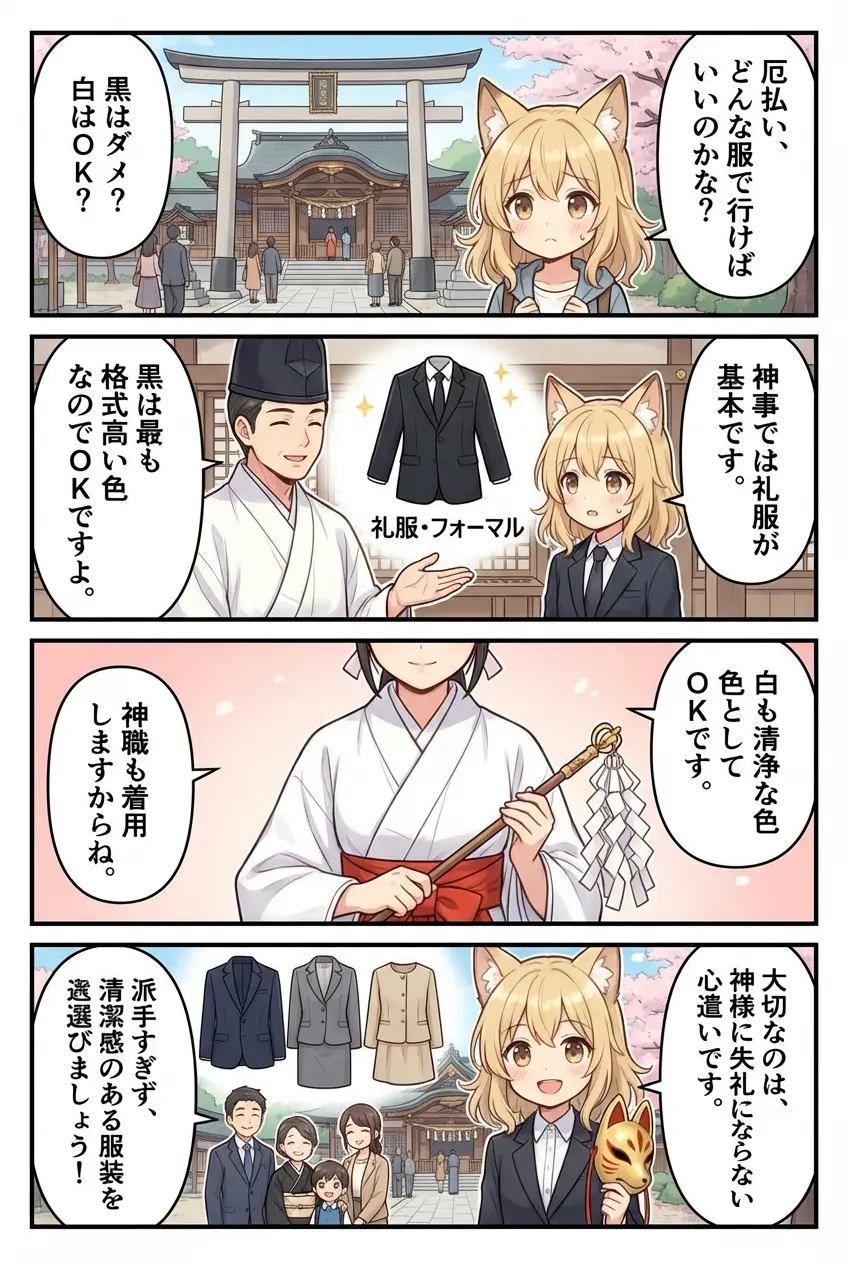 なんの神様.jp | 厄払いの服装の色｜黒はダメ？白はOK？失礼になりにくい色の選び方をやさしく解説